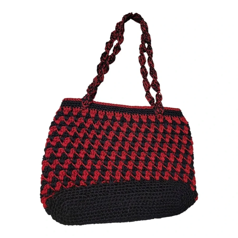 Handmade Limited Edition Crochet Tote Bag Red Black Boho Woven Cord